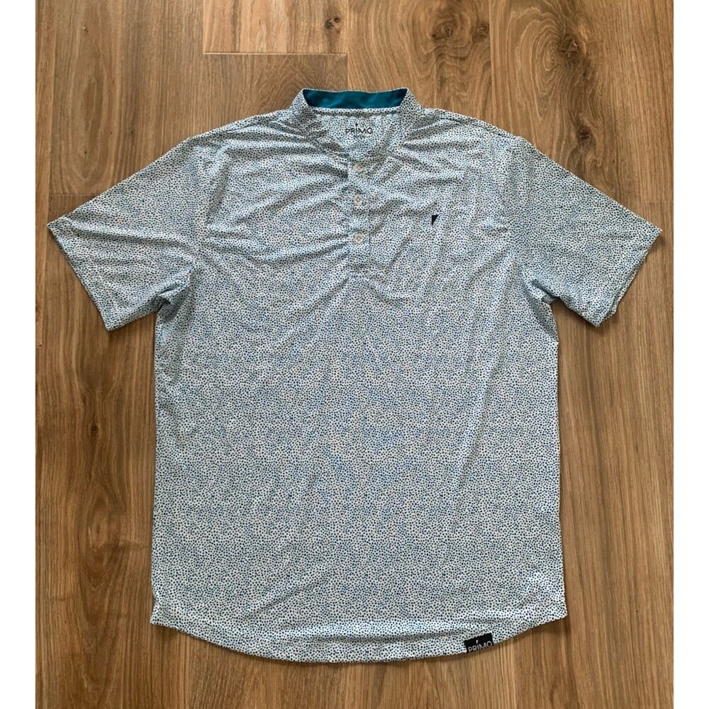 PRIMO Polo Shirt Mens L White Blue Dots Print Blade Collar Performance Golf